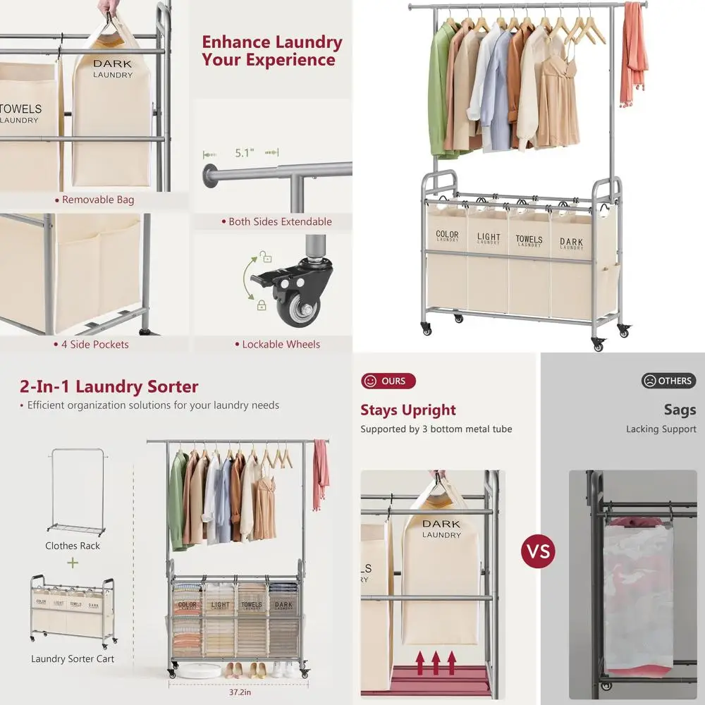 Rolling 4-Section Laundry Hamper with Removable Bag and Lockable Wheels for Bedroom - Beige
Rolling 4-Section Laundry Hamper with Removable Bag and Lockable Wheels for Bedroom - Beige