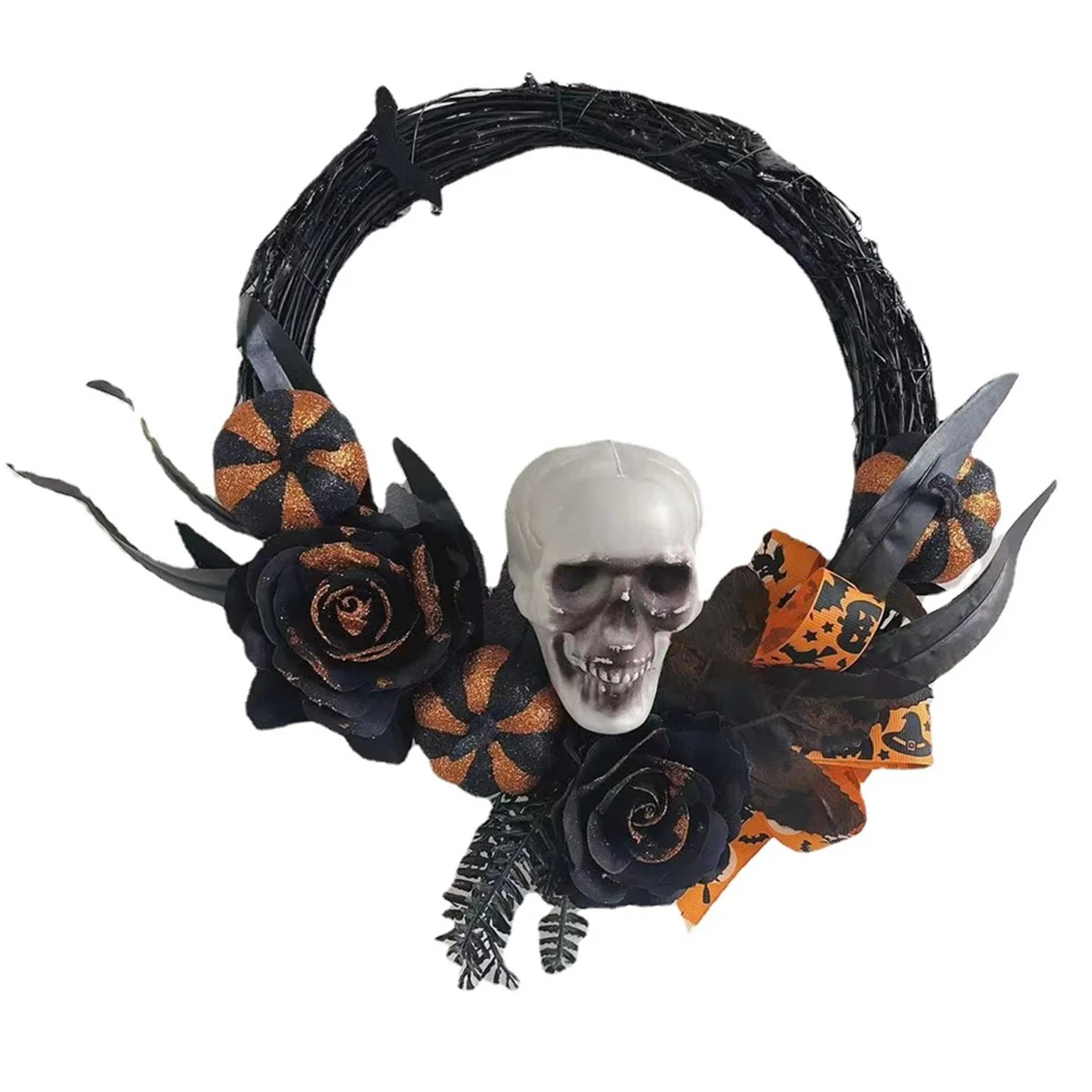 Halloween Wreath Artificial Skull Wreath Handmade Black Grapevine Wreath with Pumpkin Rose Ribbon Front Door Decorations
Halloween Wreath Artificial Skull Wreath Handmade Black Grapevine Wreath with Pumpkin Rose Ribbon Front Door Decorations