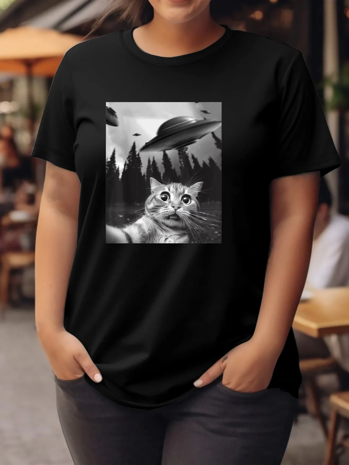 Fun Cat with UFO Print T-shirt Women Kawaii Graphic Short Sleeve T Shirt Female Harajuku 90s Funny O-neck Unisex Clothes Top
Fun Cat with UFO Print T-shirt Women Kawaii Graphic Short Sleeve T Shirt Female Harajuku 90s Funny O-neck Unisex Clothes Top