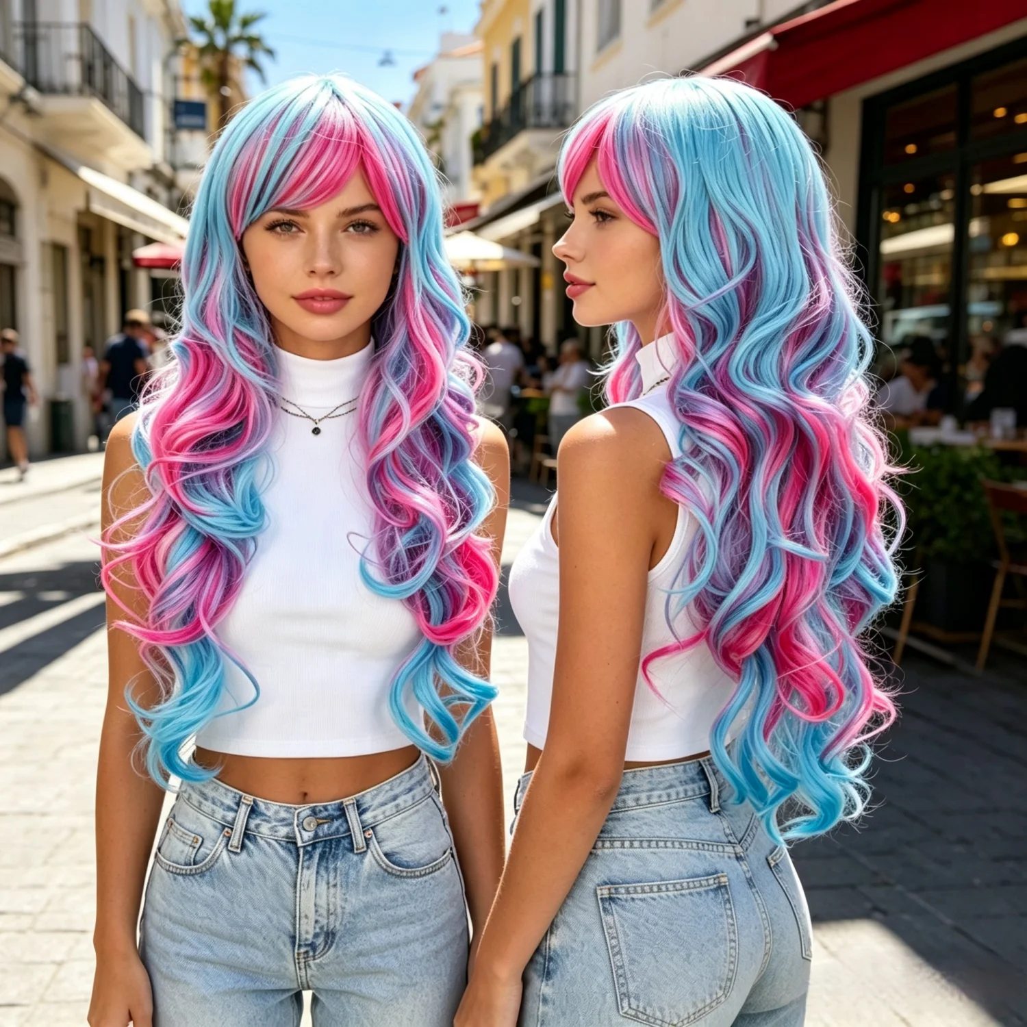 Synthetic Hair Pink Blue Mix Color Gradient Wig Ombre Long Wavy Synthetic Wig with Bangs Wavy Colorful Cosplay Wig Loose Wave
Synthetic Hair Pink Blue Mix Color Gradient Wig Ombre Long Wavy Synthetic Wig with Bangs Wavy Colorful Cosplay Wig Loose Wave