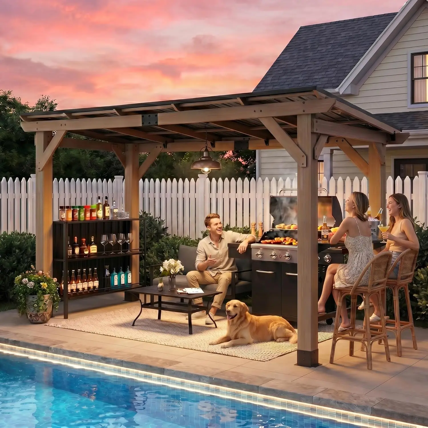 8x12FT Wood BBQ Gazebo with Storage Cabinet & Bar Counter & Tool Hooks, Galvanized Steel Roof Pavilion, Custom
8x12FT Wood BBQ Gazebo with Storage Cabinet & Bar Counter & Tool Hooks, Galvanized Steel Roof Pavilion, Custom