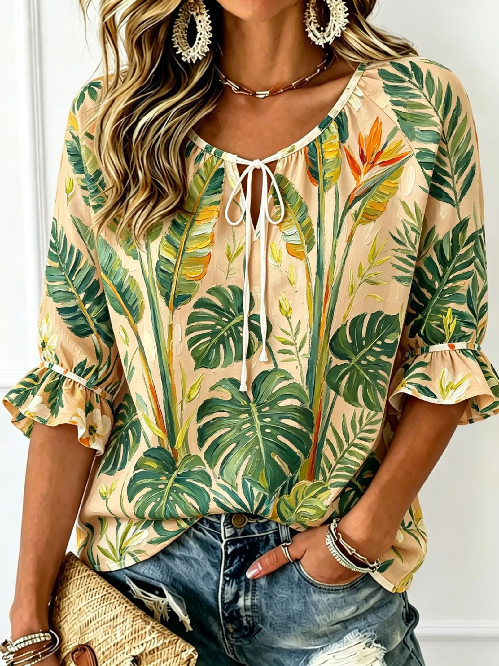 Women's Tie Keyhole Neck Blouse, Apricot Base Oil Painting Bird of Paradise Tropical Leaf Print, for Spring Summer Daily Outfits
Women's Tie Keyhole Neck Blouse, Apricot Base Oil Painting Bird of Paradise Tropical Leaf Print, for Spring Summer Daily Outfits