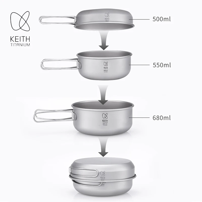 Компактный титановый набор походной посуды KEITH, 3 предмета: кастрюля с складной ручкой и сумкой для переноски, легкий и портативный.
Компактный титановый набор походной посуды KEITH, 3 предмета: кастрюля с складной ручкой и сумкой для переноски, легкий и портативный.