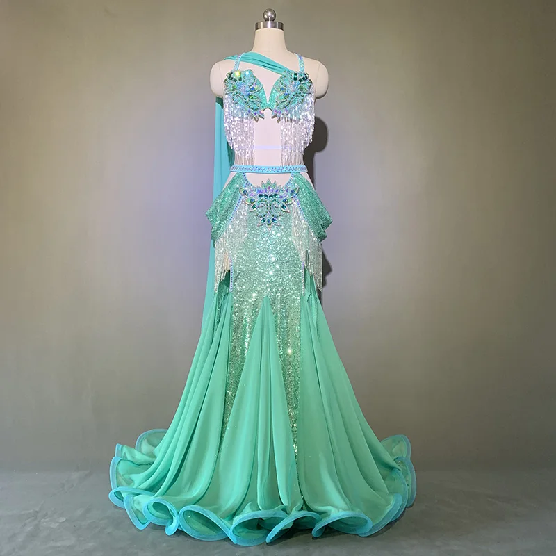 Belly Dance Costume Customization Senior AB Stones Bra+Sexy Fishtail Skirt 2pcs Oriental Dance Professional Competition Set 
Belly Dance Costume Customization Senior AB Stones Bra+Sexy Fishtail Skirt 2pcs Oriental Dance Professional Competition Set
