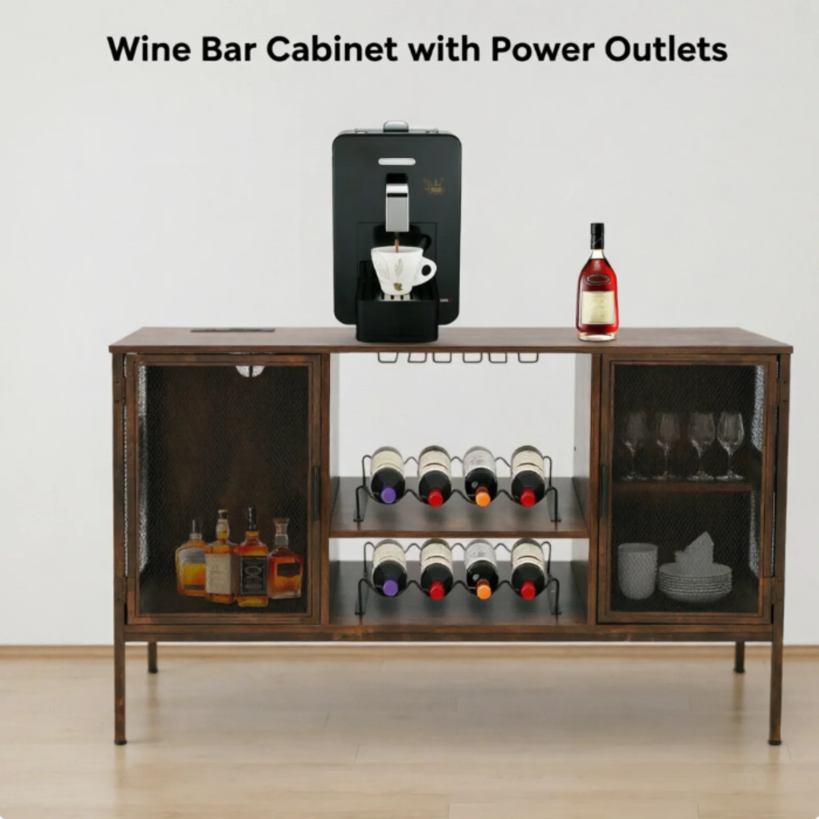 Wine Bar Cabinet Power Outlets Rustic Brown Farmhouse Coffee Bar Cabinet Sturdy High Load-Bearing Design Wine Glass Storage
Wine Bar Cabinet Power Outlets Rustic Brown Farmhouse Coffee Bar Cabinet Sturdy High Load-Bearing Design Wine Glass Storage