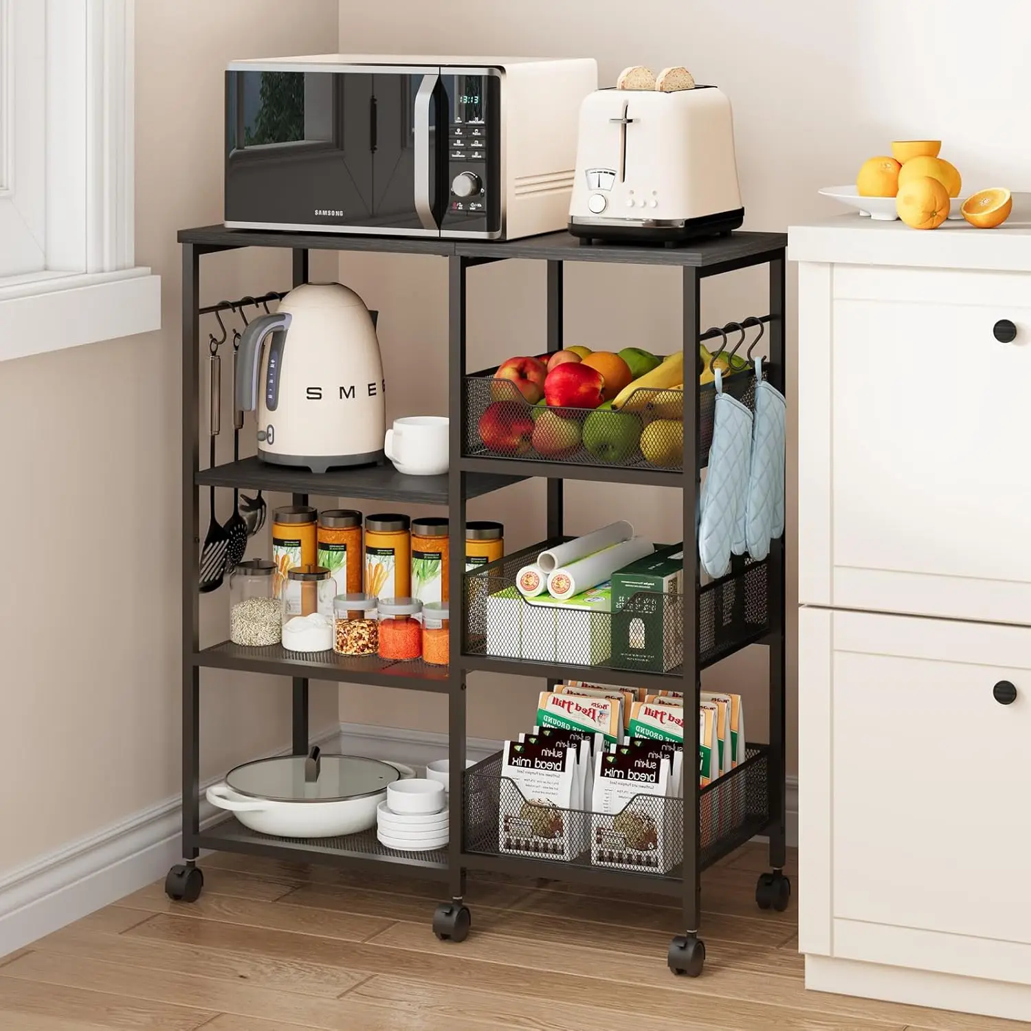 4-Tier Rolling Kitchen Island Cart with Storage Shelves, Hooks & Locking Casters, Black
4-Tier Rolling Kitchen Island Cart with Storage Shelves, Hooks & Locking Casters, Black