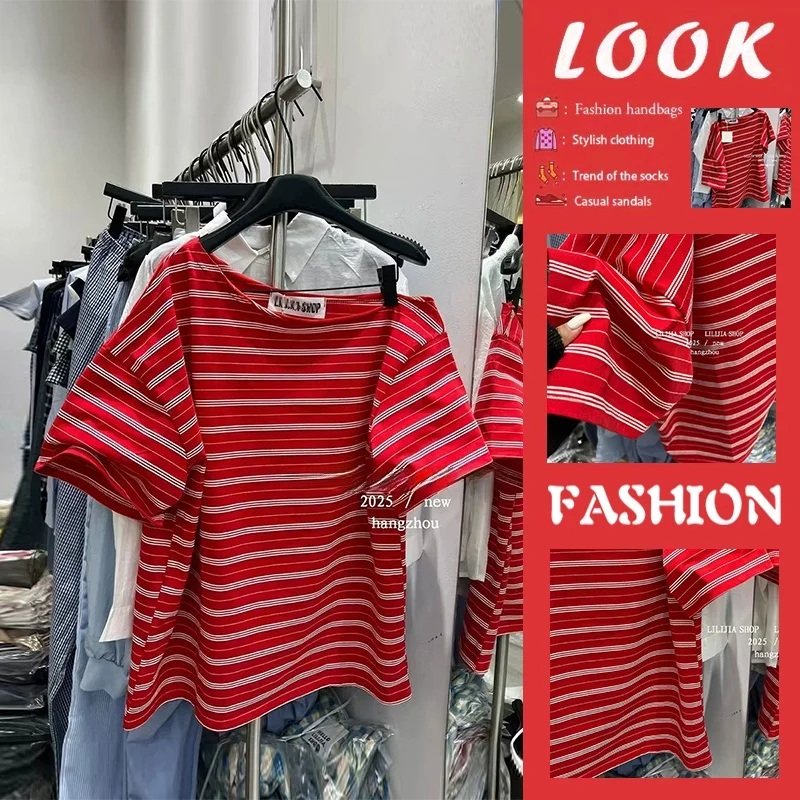 Fashionable Striped Asymmetrical Shoulder Short Sleeve T-Shirt Loose Fit Women's Summer 2026 Breathable Skin-Friendly Top
Fashionable Striped Asymmetrical Shoulder Short Sleeve T-Shirt Loose Fit Women's Summer 2026 Breathable Skin-Friendly Top