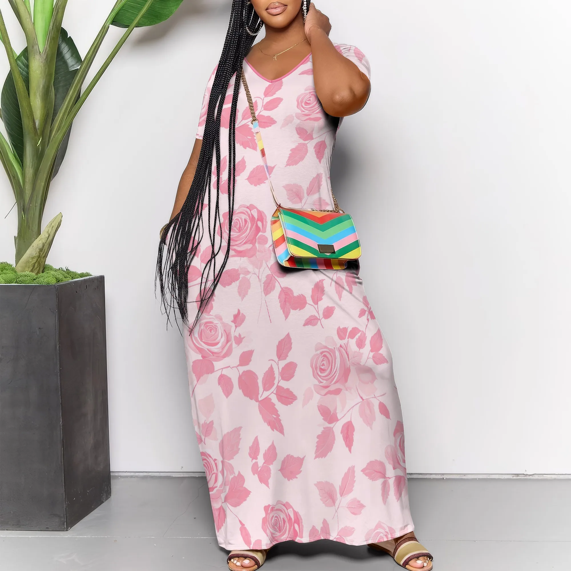 Plus Size Pink Rose Print Maxi Dress Women Summer Casual Short Sleeve Beach Holiday Sundress With Pockets
Plus Size Pink Rose Print Maxi Dress Women Summer Casual Short Sleeve Beach Holiday Sundress With Pockets