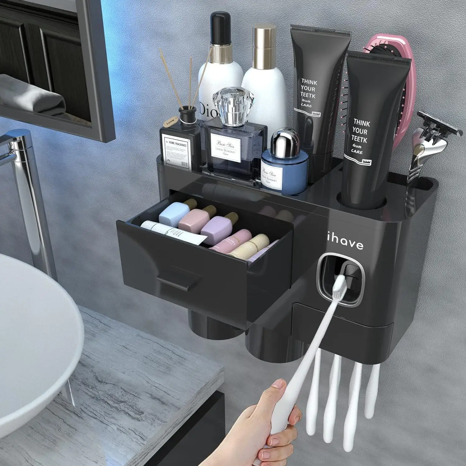 Toothbrush Holder for Bathroom, Wall Mounted with Toothpaste Dispenser, 2 Cups, Large Capacity Tray & Drawer
Toothbrush Holder for Bathroom, Wall Mounted with Toothpaste Dispenser, 2 Cups, Large Capacity Tray & Drawer