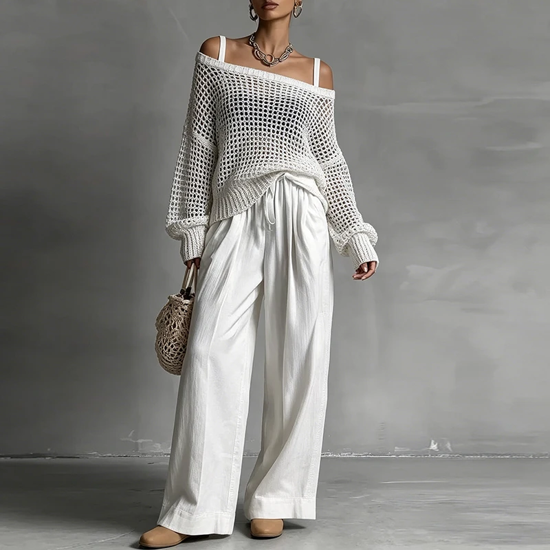 Fashion Off Shoulder Top and Pants Two Piece Set Casual Long Sleeved Knitted Loose Suit Vacation Elegant Lady Solid Color Outfit
Fashion Off Shoulder Top and Pants Two Piece Set Casual Long Sleeved Knitted Loose Suit Vacation Elegant Lady Solid Color Outfit