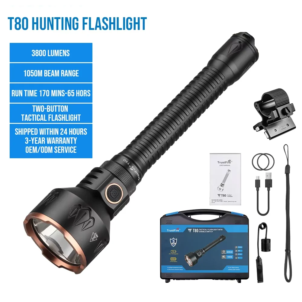 Тактический фонарь TrustFire T80, высокая мощность 3800 лм, перезаряжаемый через USB-C, светодиодный, для охоты, дальность освещения 1050 м.
Тактический фонарь TrustFire T80, высокая мощность 3800 лм, перезаряжаемый через USB-C, светодиодный, для охоты, дальность освещения 1050 м.