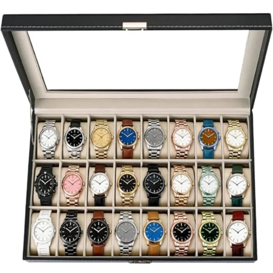 24 Slots Watch Box with Glass Lid PU Leather Watch Display Case Organizer with Removable Pillows, Lockable Watch Storage Case f
24 Slots Watch Box with Glass Lid PU Leather Watch Display Case Organizer with Removable Pillows, Lockable Watch Storage Case f