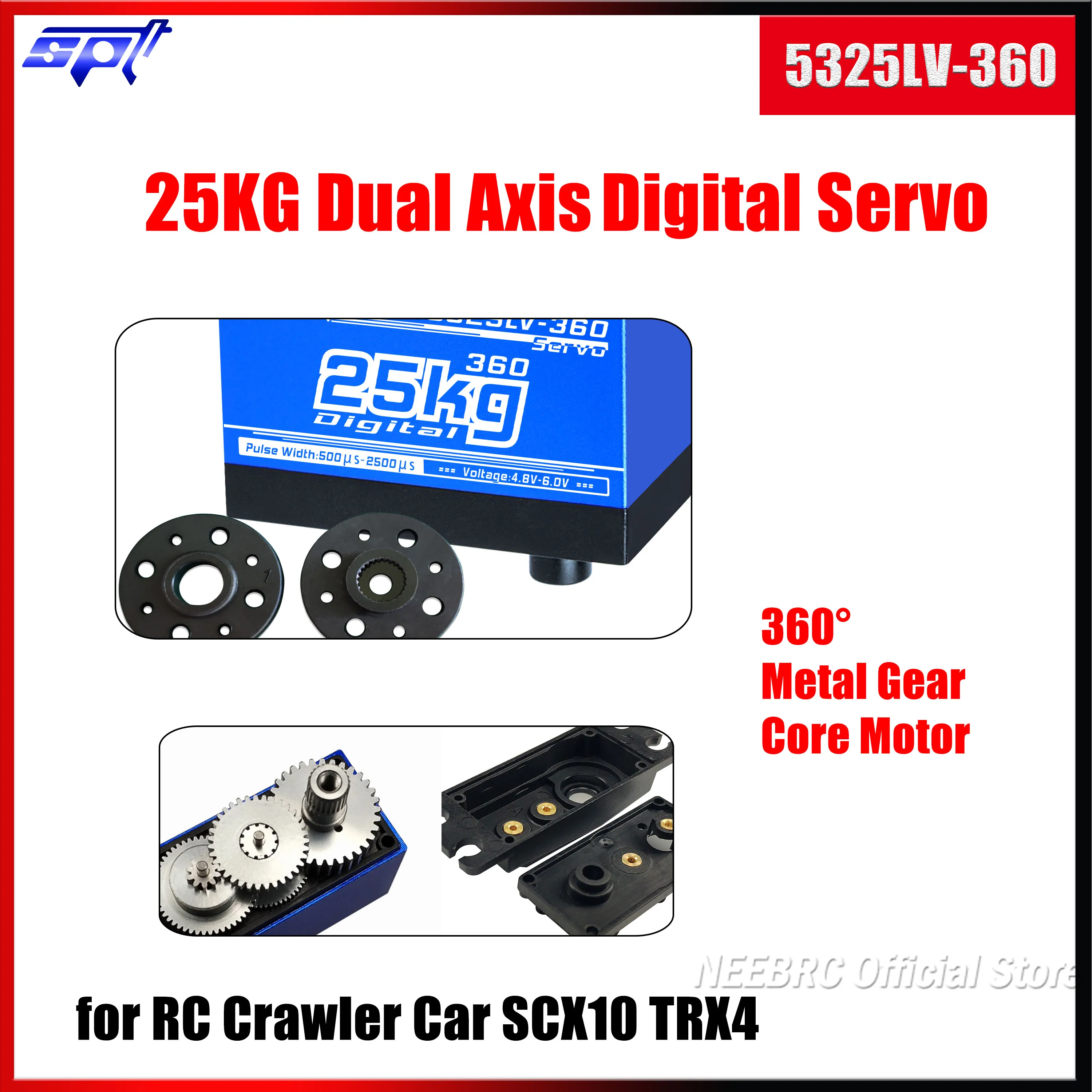 SPT 5325LV-360 25KG Dual Axis Metal Gear 360° Digital Servo Core Motor High-speed for RC Car Crawler Truck SCX10 TRX4 Robot Arm
SPT 5325LV-360 25KG Dual Axis Metal Gear 360° Digital Servo Core Motor High-speed for RC Car Crawler Truck SCX10 TRX4 Robot Arm