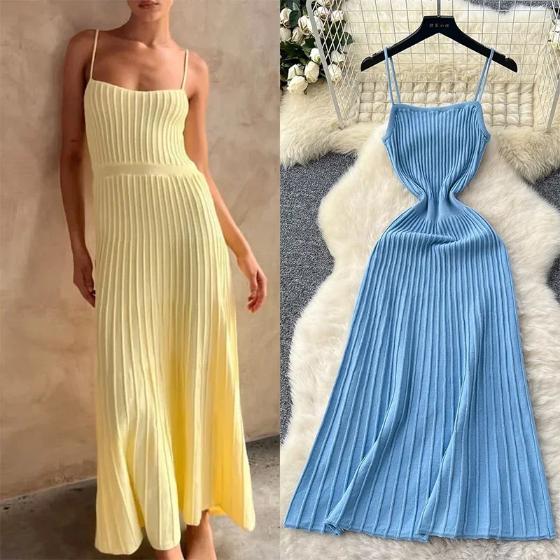 Knitted Pleated Long Dress High Waist Midi Sling Dress Elegant Sleeveless Yellow Women Streetwear Black Bodycon Dress
Knitted Pleated Long Dress High Waist Midi Sling Dress Elegant Sleeveless Yellow Women Streetwear Black Bodycon Dress