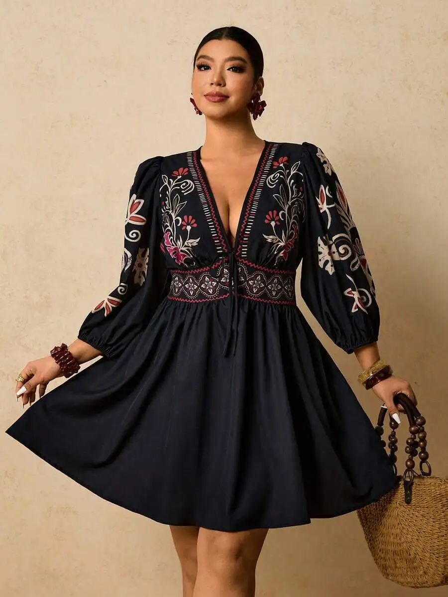 Bohemian Floral Embroidered V-Neck Long Sleeve Short Dress With Front Tie Bow Casual Holiday Style
Bohemian Floral Embroidered V-Neck Long Sleeve Short Dress With Front Tie Bow Casual Holiday Style