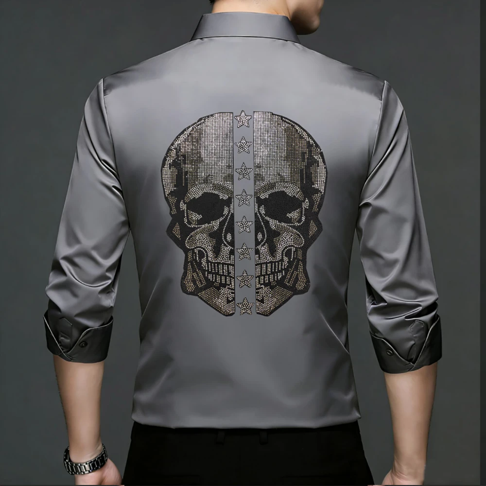 Mens Slim Collared Shirt Popular Street Gothic Rhinestone Triple Skull Motif Silky Cool Youth Night Club Long Sleeve Dress Tops
Mens Slim Collared Shirt Popular Street Gothic Rhinestone Triple Skull Motif Silky Cool Youth Night Club Long Sleeve Dress Tops
