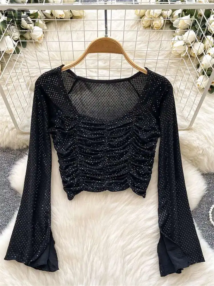 BabYoung модные топы с блестками, осенние шикарные рубашки с расклешенными рукавами и квадратным воротником, женская блестящая уличная одежда, сексуальная мини-блузка с рюшами
BabYoung модные топы с блестками, осенние шикарные рубашки с расклешенными рукавами и квадратным воротником, женская блестящая уличная одежда, сексуальная мини-блузка с рюшами