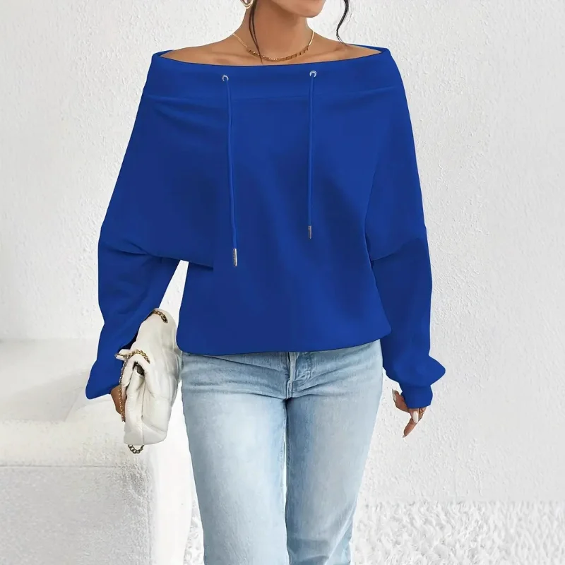 Women's Royal Blue Off-the-shoulder Boat Neck Sweatshirt Long Sleeve Drawstring Design Casual Fashion Loose Pullover
Women's Royal Blue Off-the-shoulder Boat Neck Sweatshirt Long Sleeve Drawstring Design Casual Fashion Loose Pullover