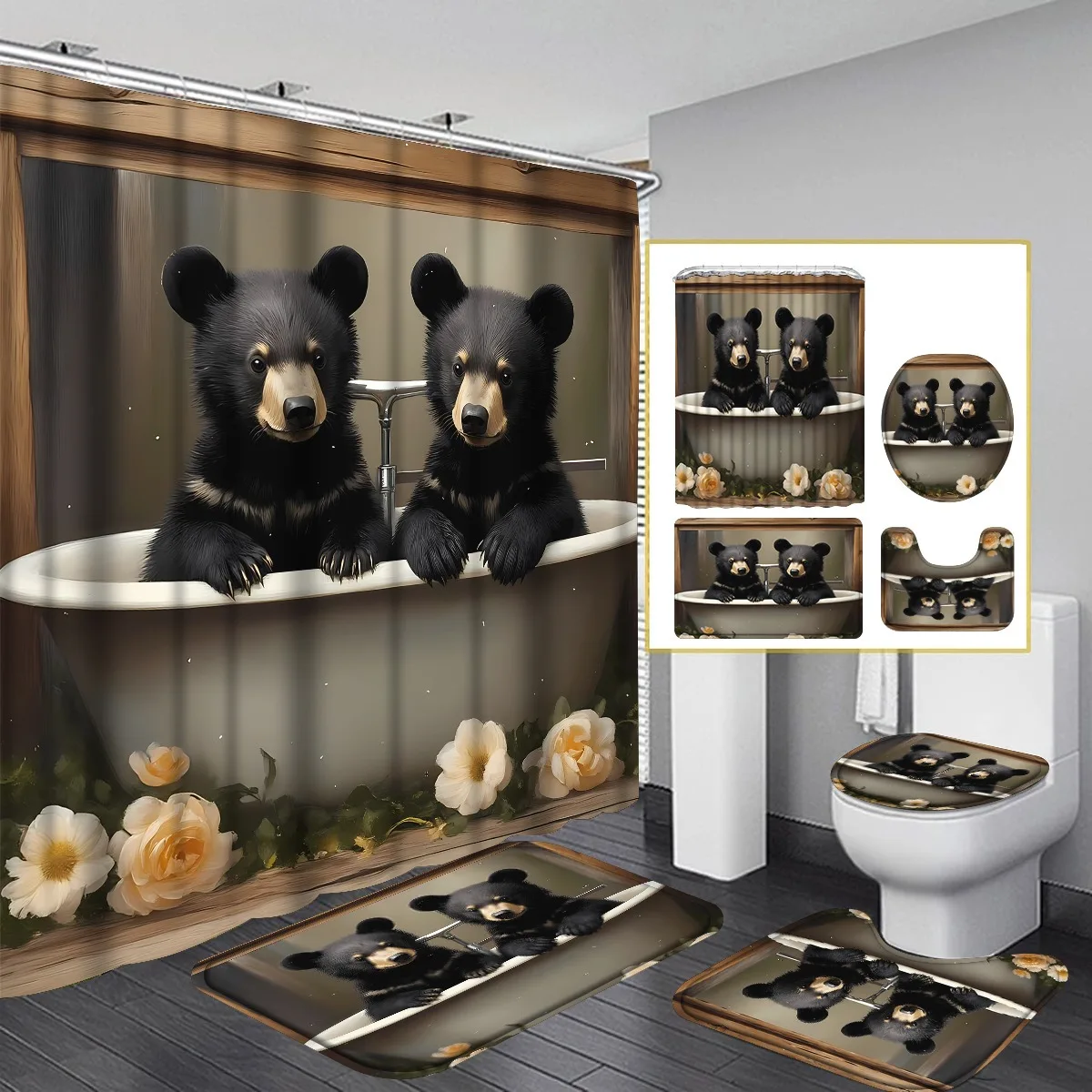 4pcs Cute Bear & Bathtub Shower Curtain Set, Fashion Animal Pattern Bathroom Curtain Set with 12 Hooks Include Non-Slip Bathroom
4pcs Cute Bear & Bathtub Shower Curtain Set, Fashion Animal Pattern Bathroom Curtain Set with 12 Hooks Include Non-Slip Bathroom