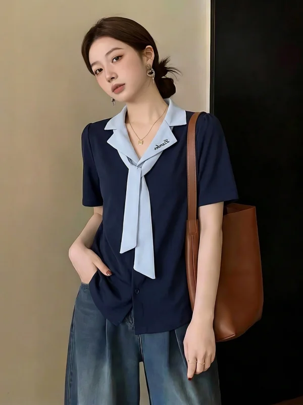 Dark Blue V-Neck Short Sleeve T-Shirt Women's Summer New Style plus Size Korean College Style Age-Defying Top Commute Style
Dark Blue V-Neck Short Sleeve T-Shirt Women's Summer New Style plus Size Korean College Style Age-Defying Top Commute Style