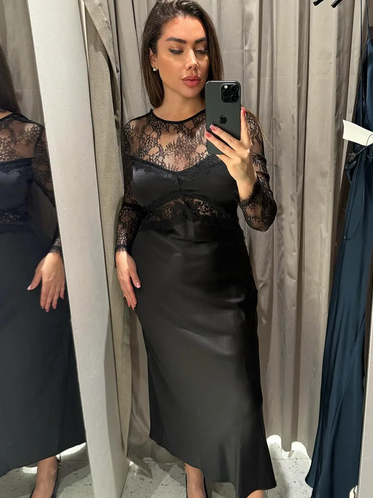 HH Woman Fashion Round Neck Long Sleeve Sexy Lace Splice Decorate Long Dress Female Spring Elegant Back Zipper Party Midi Dress
HH Woman Fashion Round Neck Long Sleeve Sexy Lace Splice Decorate Long Dress Female Spring Elegant Back Zipper Party Midi Dress