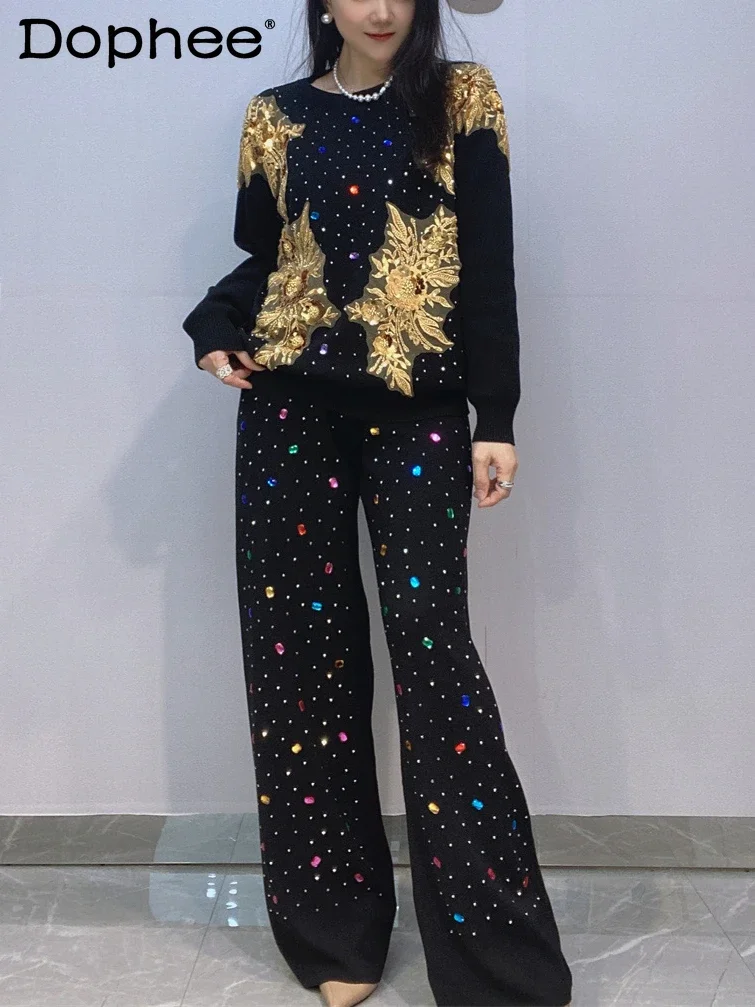 Embroidery Sequined Pullover Knitted Sweater + Wide-leg Pants 2 Piece Sets Women Autumn New Colorful Crystal Black Knitted Pants
Embroidery Sequined Pullover Knitted Sweater + Wide-leg Pants 2 Piece Sets Women Autumn New Colorful Crystal Black Knitted Pants