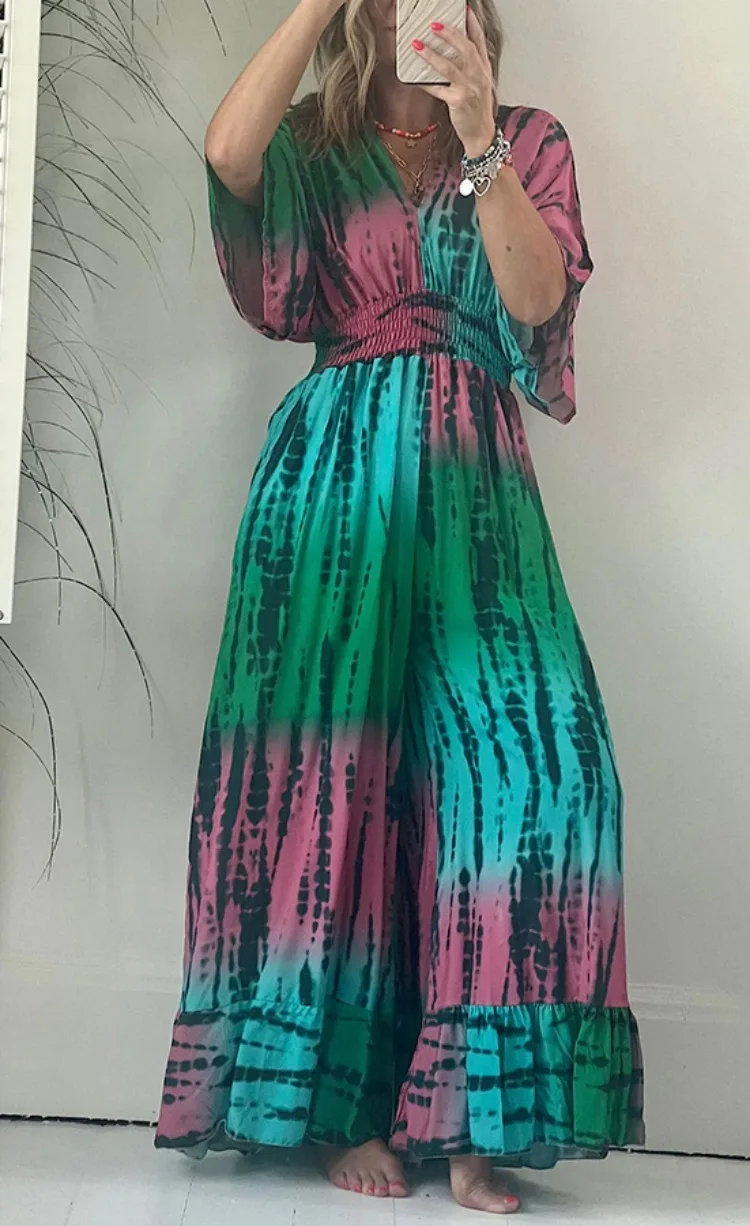 New Summer Printed Elastic Waist Pocket Large Loose Lace Up Jumpsuit For Women
New Summer Printed Elastic Waist Pocket Large Loose Lace Up Jumpsuit For Women