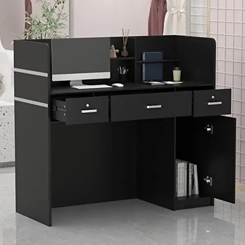Reception Desk Front Counter Desk with Open Shelf & Drawers, Wooden Reception Stations with Lockable Drawer for Office
Reception Desk Front Counter Desk with Open Shelf & Drawers, Wooden Reception Stations with Lockable Drawer for Office
