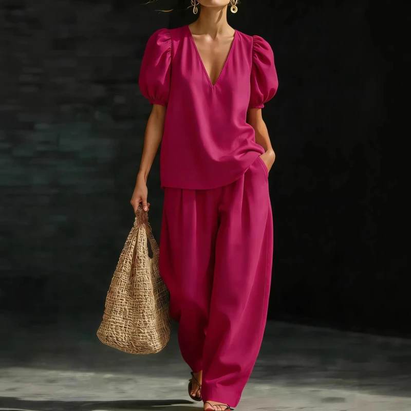 2026 Spring/Summer New Bubble Sleeve V-neck Short Sleeve Top and Pants Solid Color Two Piece Set
2026 Spring/Summer New Bubble Sleeve V-neck Short Sleeve Top and Pants Solid Color Two Piece Set
