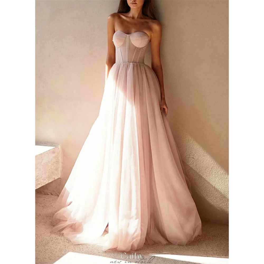 Cathy Pink Strapless Sweetheart Tulle Prom Dress Elegant A-line Floor-length vestidos de noiva Customized Lace-up Back Formal
Cathy Pink Strapless Sweetheart Tulle Prom Dress Elegant A-line Floor-length vestidos de noiva Customized Lace-up Back Formal