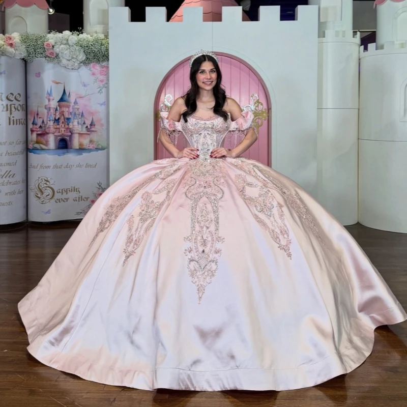 Pink Shiny Ball Gown Quinceanera Dresses Sequin Applique Lace Beading Crystal Bow Tull Corset Off The Shoulder Sweet 16 Dres
Pink Shiny Ball Gown Quinceanera Dresses Sequin Applique Lace Beading Crystal Bow Tull Corset Off The Shoulder Sweet 16 Dres