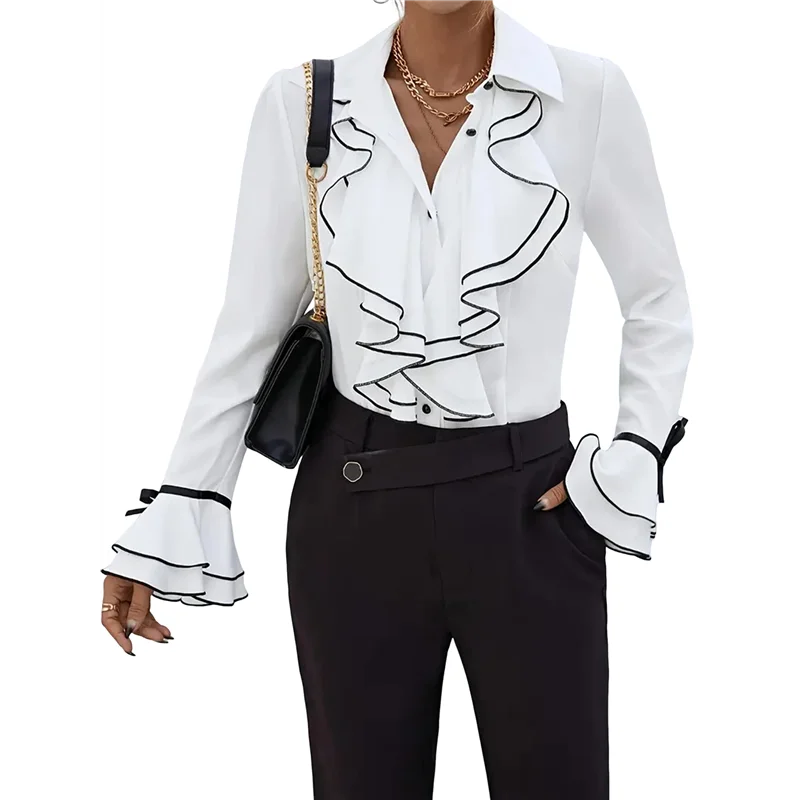CGS-2025 Spring And Autumn Women's Solid Color Casual Ruffled Trumpet Sleeve Shirt Tops
CGS-2025 Spring And Autumn Women's Solid Color Casual Ruffled Trumpet Sleeve Shirt Tops