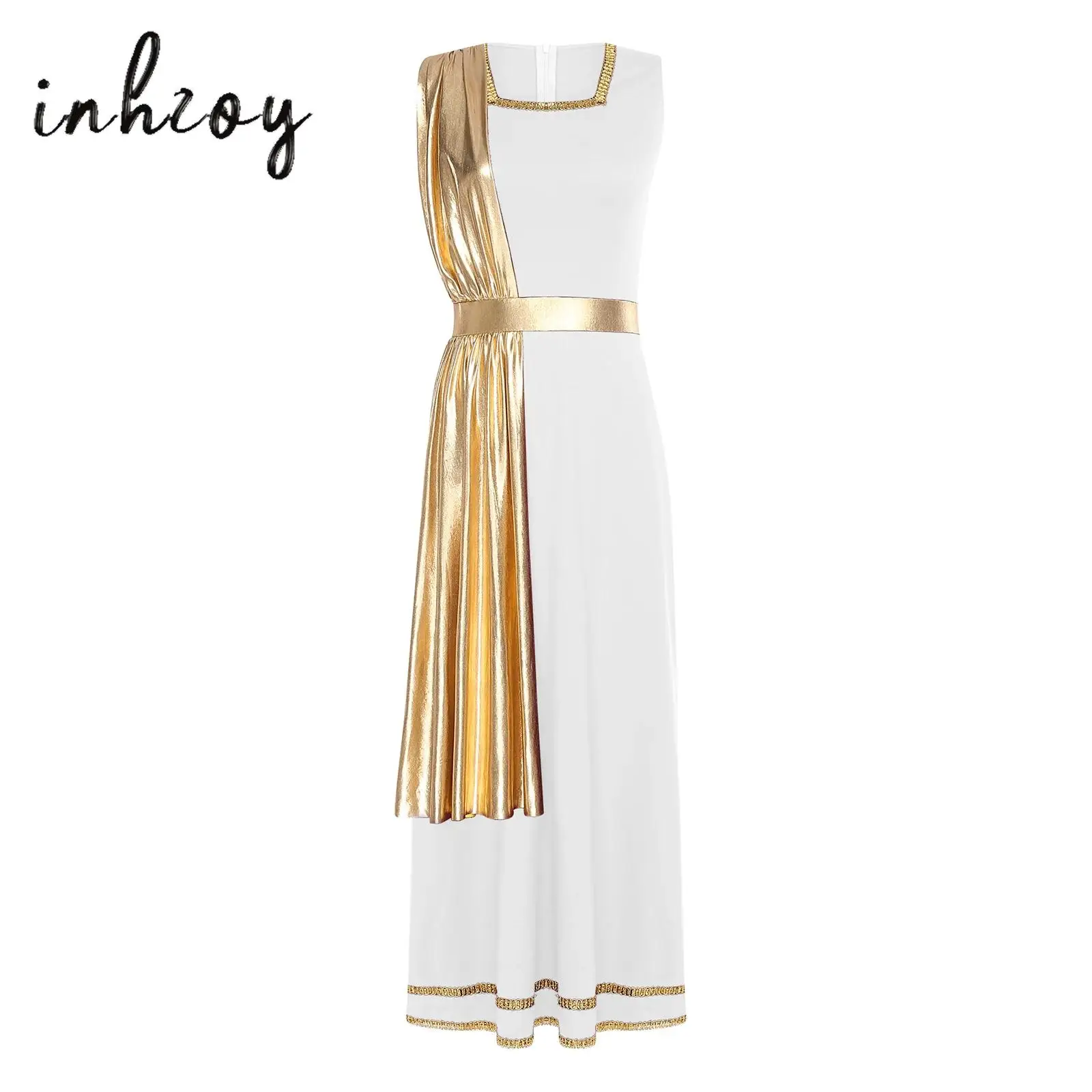 Womens Ancient Greek Roman Goddess Tunic Dress Halloween Cosplay Long Robe Square Neck Sleeveless Gold Trim Metallic Shiny Toga
Womens Ancient Greek Roman Goddess Tunic Dress Halloween Cosplay Long Robe Square Neck Sleeveless Gold Trim Metallic Shiny Toga