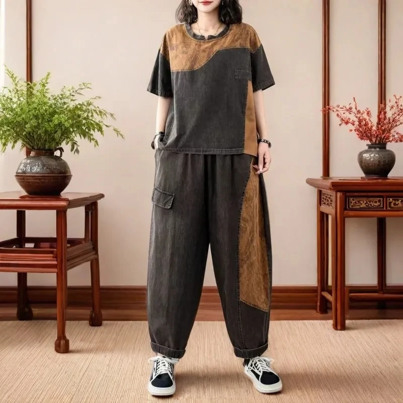 2025 Summer Women Fashion Denim Two Pieces Sets Printed Suits Loose Tops Casual T-shirts Vintage Jeans Pants Two-piece set
2025 Summer Women Fashion Denim Two Pieces Sets Printed Suits Loose Tops Casual T-shirts Vintage Jeans Pants Two-piece set