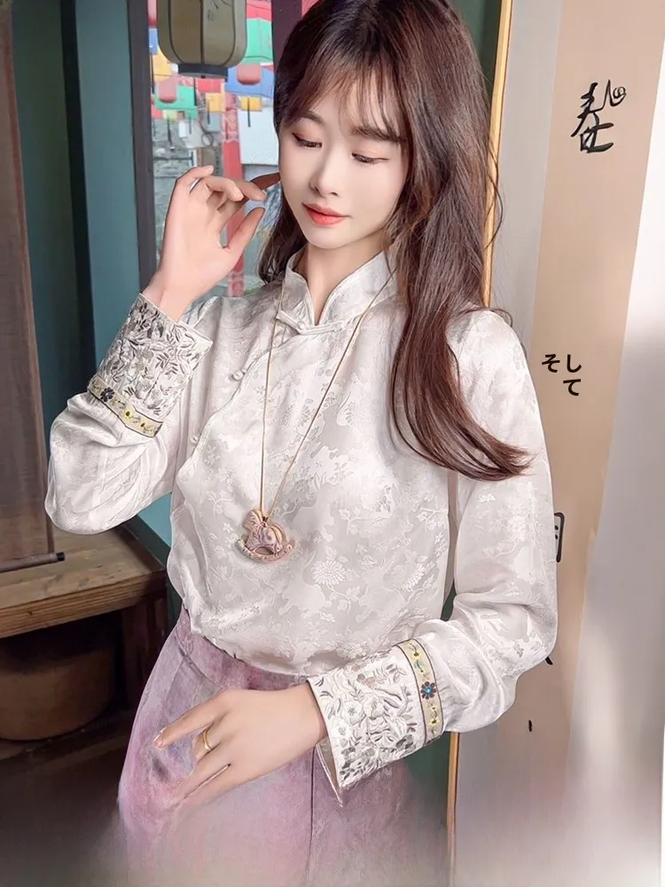 New Chinese Style White Silk Shirt Women Spring 2026 Embroidery Heavy Work Long Sleeve Stand Collar Traditional Chinese Butto...
New Chinese Style White Silk Shirt Women Spring 2026 Embroidery Heavy Work Long Sleeve Stand Collar Traditional Chinese Butto...