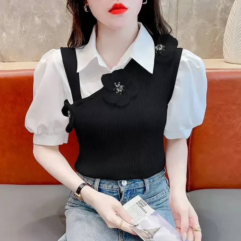 Воротник-поло с трехмерным цветочным принтом и пышными рукавами, искусственная двухсекционная трикотажная рубашка для женщин, летний топ нового дизайна XQ492 
Воротник-поло с трехмерным цветочным принтом и пышными рукавами, искусственная двухсекционная трикотажная рубашка для женщин, летний топ нового дизайна XQ492