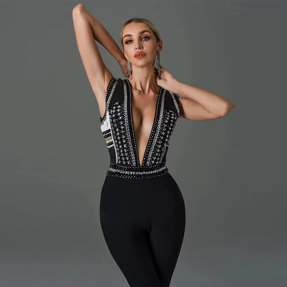 Heavy industry dress women's handmade beads slim and thin sleeveless bandage jumpsuit women's party sexy temperament elegant hig
Heavy industry dress women's handmade beads slim and thin sleeveless bandage jumpsuit women's party sexy temperament elegant hig