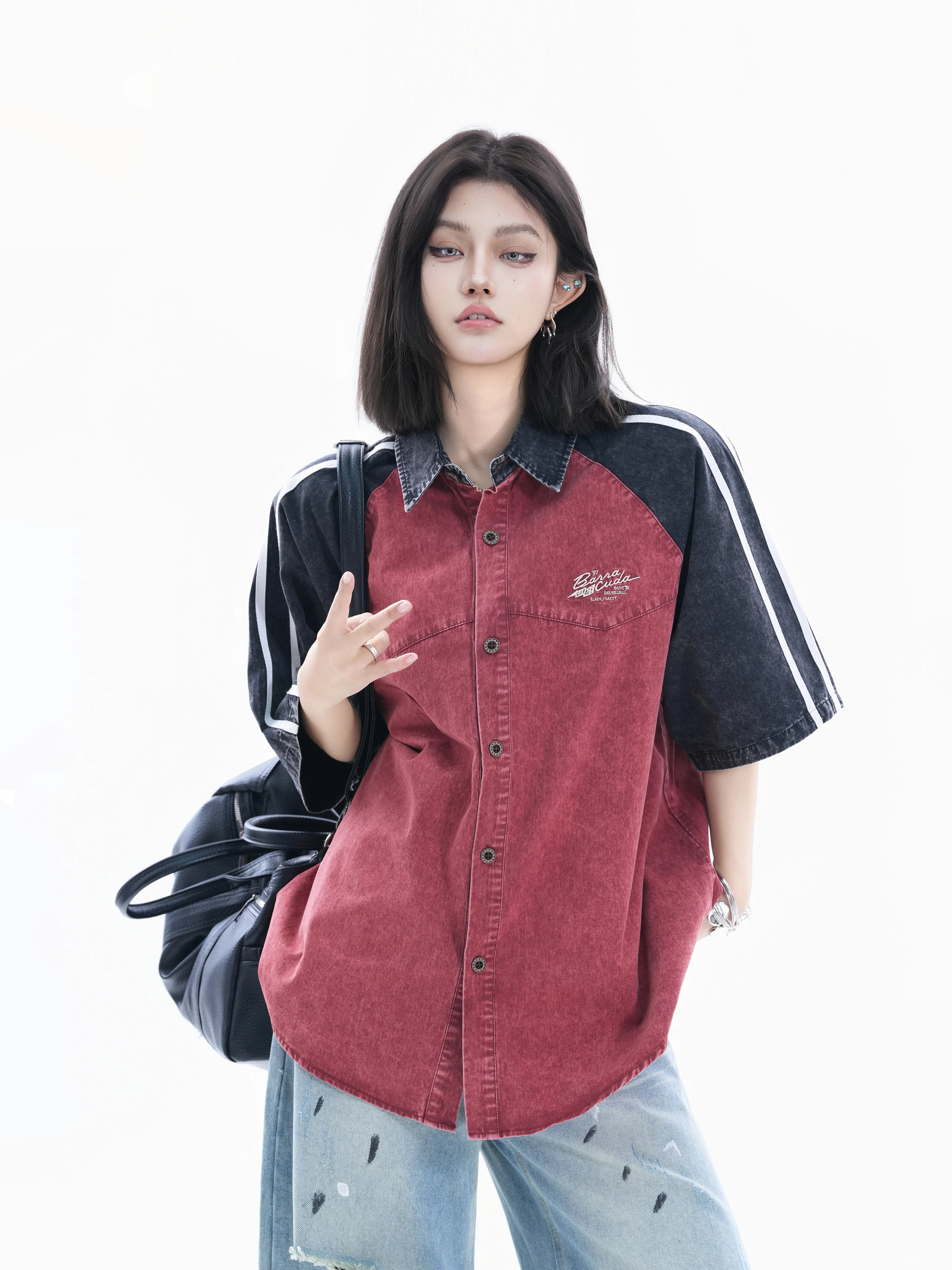Retro American Style Spliced Shoulder Short Sleeve Denim Shirt Women's Slimming Top Contrast Color Ball Ball Couple's Shirt
Retro American Style Spliced Shoulder Short Sleeve Denim Shirt Women's Slimming Top Contrast Color Ball Ball Couple's Shirt
