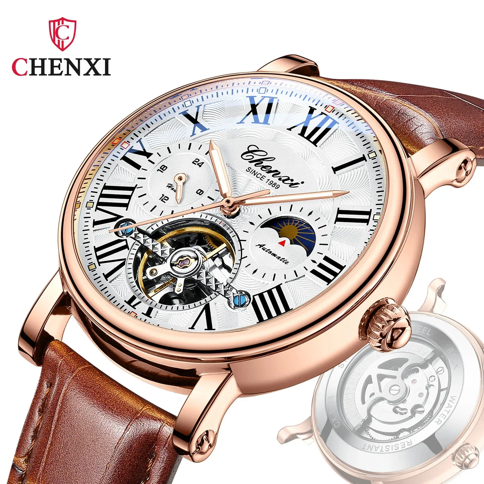 Men's Hollow Tourbillon Moon Phase Watch - CHENXI 8873 Luminous Waterproof Automatic Mechanical Leather Wristwatch
Men's Hollow Tourbillon Moon Phase Watch - CHENXI 8873 Luminous Waterproof Automatic Mechanical Leather Wristwatch