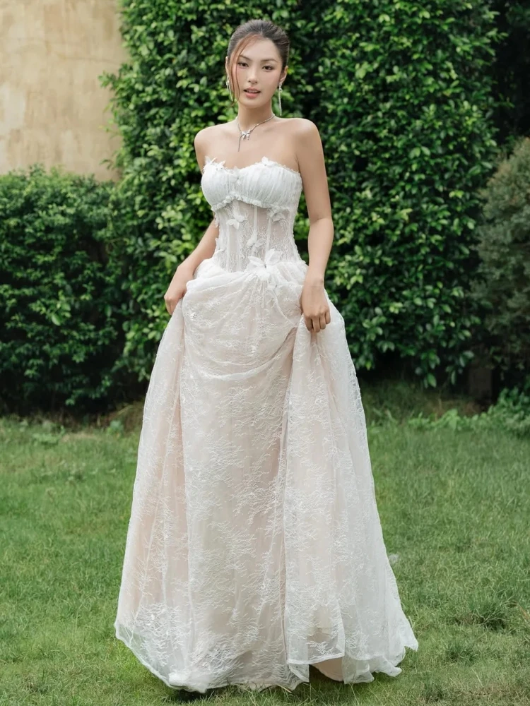 Sexy Strapless Lace-up Butterfly Flower Patchowrk Long Dress Women White Lace Sleeveless A-line Dresses Wedding Party Gowns
Sexy Strapless Lace-up Butterfly Flower Patchowrk Long Dress Women White Lace Sleeveless A-line Dresses Wedding Party Gowns