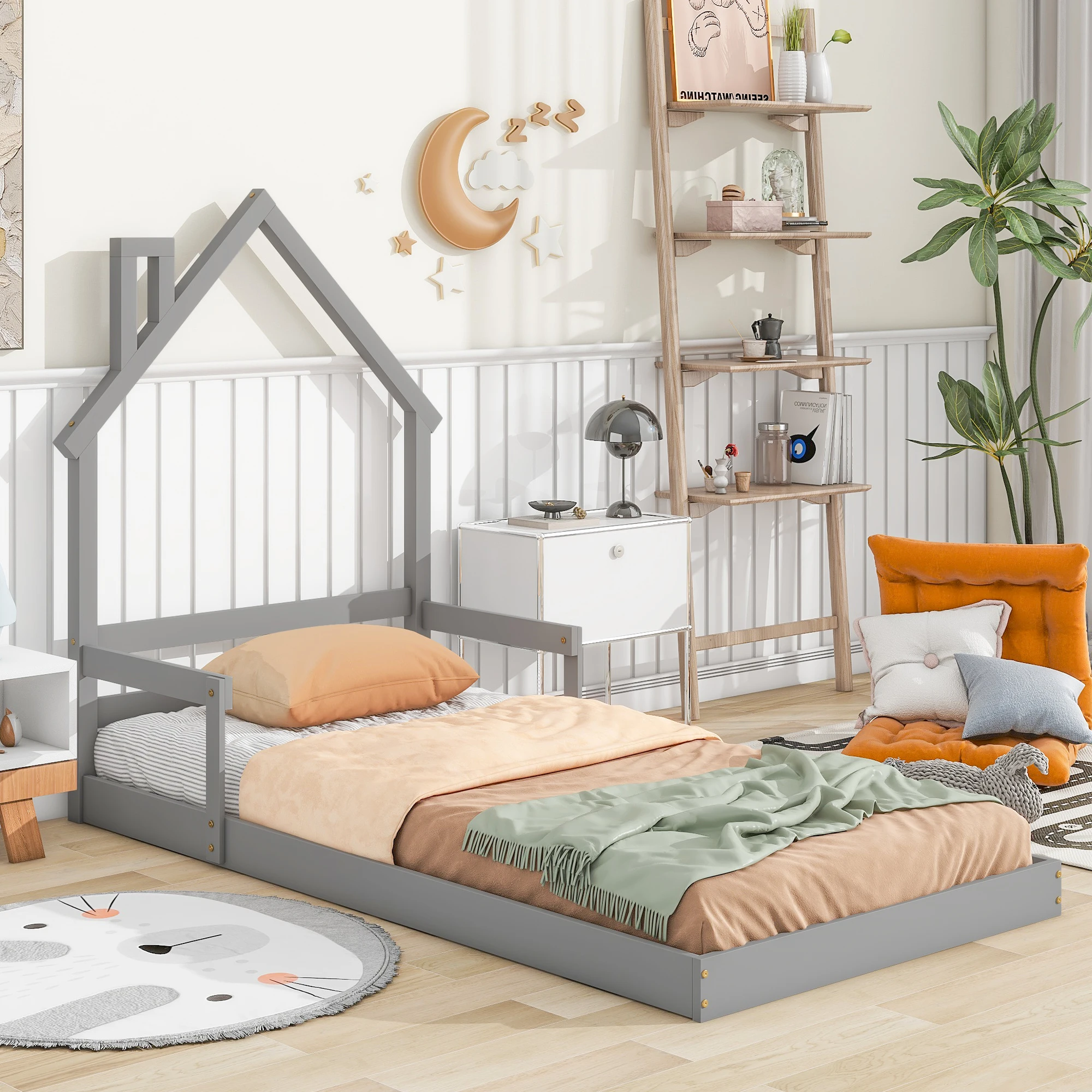 Twin Size Floor Bed with House-Shaped Headboard and Handrails, Gray 78.50x44.80x57.20 in.
Twin Size Floor Bed with House-Shaped Headboard and Handrails, Gray 78.50x44.80x57.20 in.