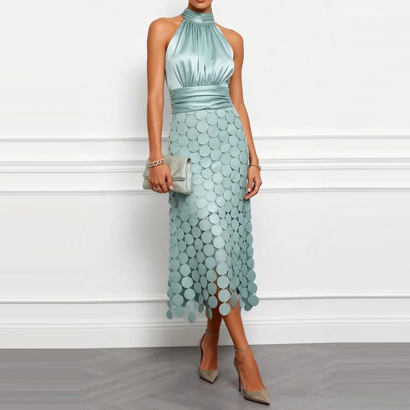 Elegant Evening Party Slim Fit Dress Women Halter Satin Midi Dress Ruched Waist Circle Cutout Patchwork Sleeveless Bodycon Dress
Elegant Evening Party Slim Fit Dress Women Halter Satin Midi Dress Ruched Waist Circle Cutout Patchwork Sleeveless Bodycon Dress