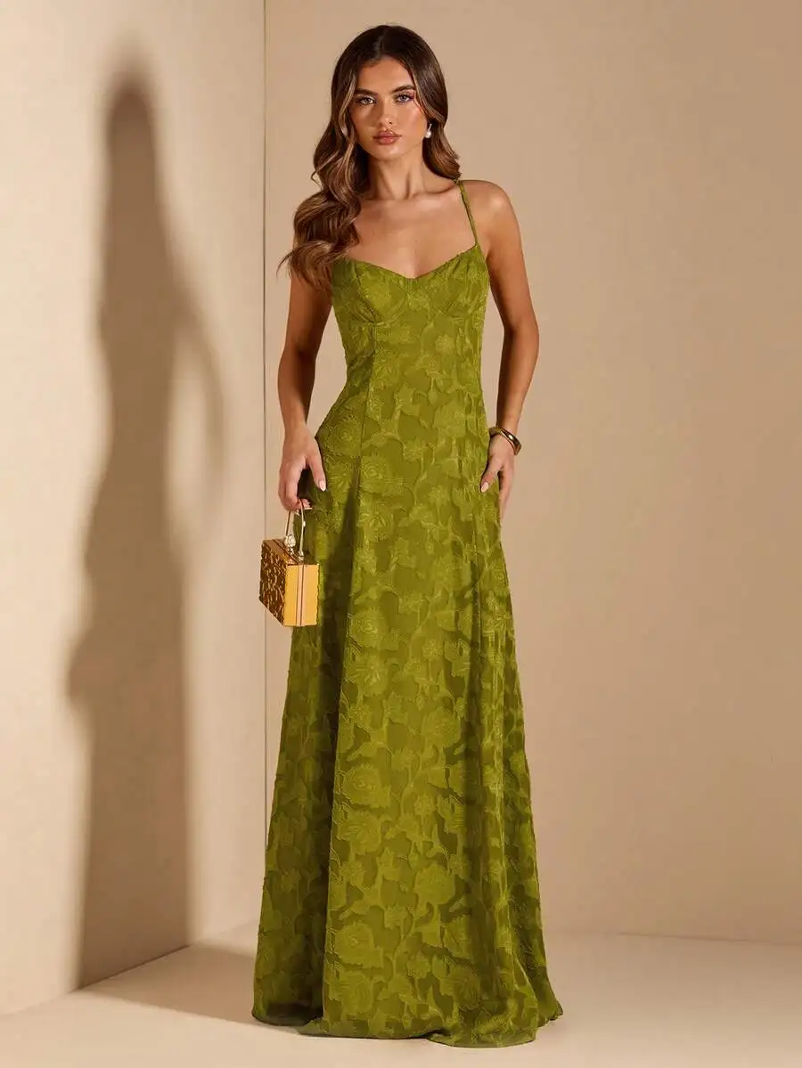 Solid Green Woven Jacquard Spaghetti Strap A-Line Floor Length Dress For Wedding Guest
Solid Green Woven Jacquard Spaghetti Strap A-Line Floor Length Dress For Wedding Guest