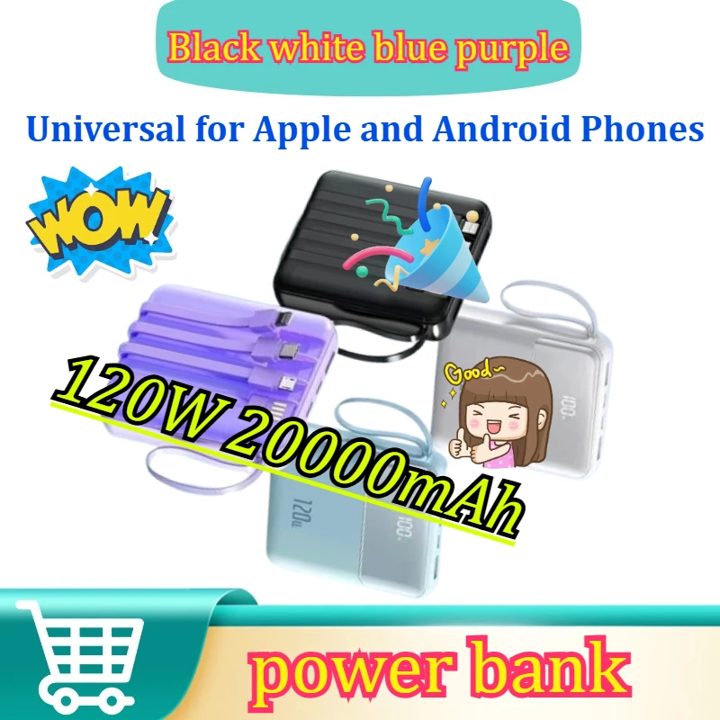 Mini 120W Super Fast Charging Power Bank with 4 Built-in Cables, 20000mAh Large Capacity Power Bank Digital Display Powerbank
Mini 120W Super Fast Charging Power Bank with 4 Built-in Cables, 20000mAh Large Capacity Power Bank Digital Display Powerbank
