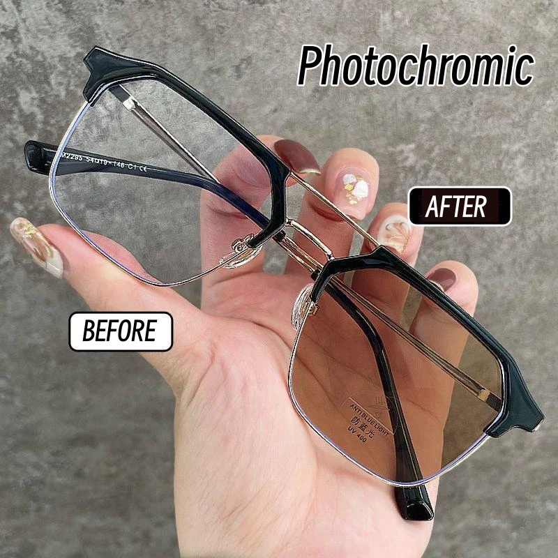 Color Changing Anti Blue Light Metal Double Beam Glasses Trendy Men's Retro Personalized Eyebrow Photochromic Myopia Eyeglasses
Color Changing Anti Blue Light Metal Double Beam Glasses Trendy Men's Retro Personalized Eyebrow Photochromic Myopia Eyeglasses