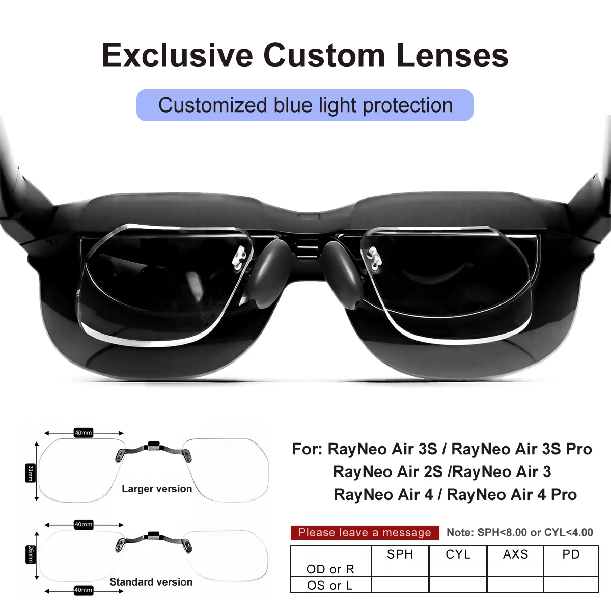 For RayNeo Air 4/Air 4 Pro/Air3S Pro/Air3/3S/Air 2S Smart Glasses Lens Custom Myopia and hyperopia Anti-Blue Anti-glare Lenses
For RayNeo Air 4/Air 4 Pro/Air3S Pro/Air3/3S/Air 2S Smart Glasses Lens Custom Myopia and hyperopia Anti-Blue Anti-glare Lenses