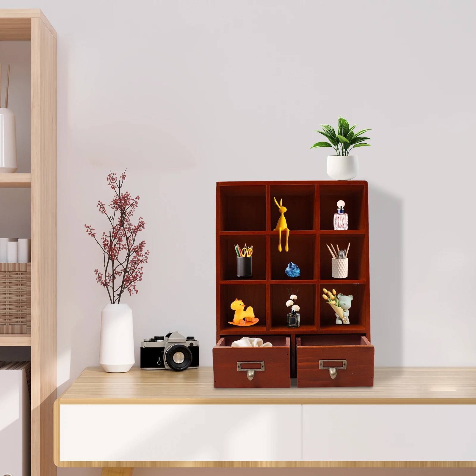Storage Display Cabinet, 9-Cube Storage Shelf Bookcase with Drawers, Wooden Display Cabinet for Home Office, 13.1*3.9*16.7 Inch
Storage Display Cabinet, 9-Cube Storage Shelf Bookcase with Drawers, Wooden Display Cabinet for Home Office, 13.1*3.9*16.7 Inch