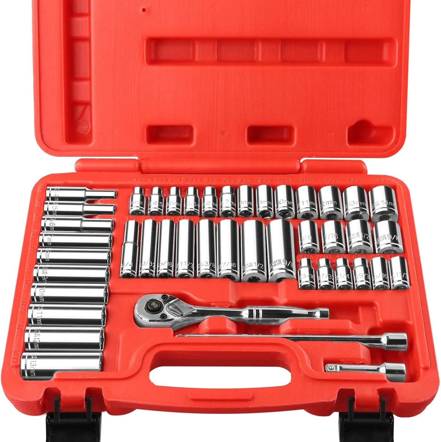 44-Piece 1/4' Drive SAE & Metric Socket Set with Reversible Ratchet and Extensions
44-Piece 1/4' Drive SAE & Metric Socket Set with Reversible Ratchet and Extensions