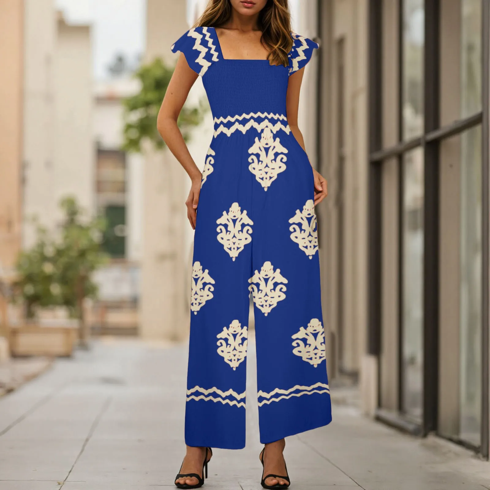 Womens Beach Vacation Tight Jumpsuits Boho Retro Print Cap Sleeve High Waist Wide Leg Romper With Casual Jumpsuits With Pockets
Womens Beach Vacation Tight Jumpsuits Boho Retro Print Cap Sleeve High Waist Wide Leg Romper With Casual Jumpsuits With Pockets