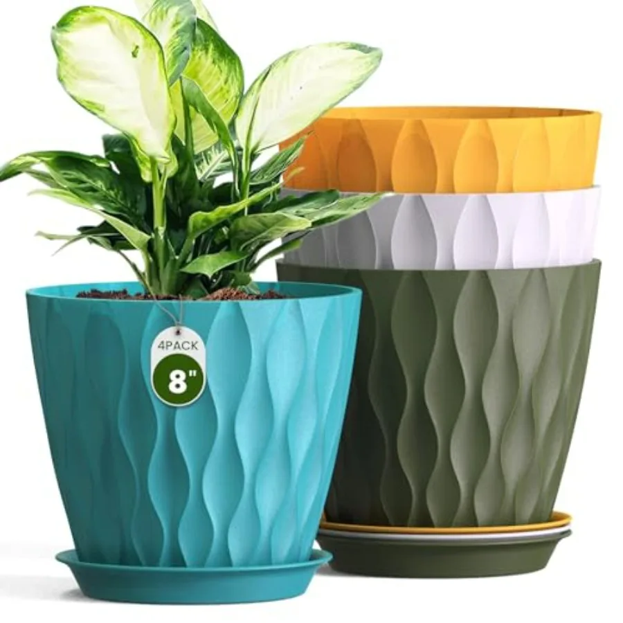 8 Inch Wave Plant Pots with Drainage Holes and Saucers, 4 Pack Modern Textured Medium Planters for Indoor Outdoor Plants, Decor
8 Inch Wave Plant Pots with Drainage Holes and Saucers, 4 Pack Modern Textured Medium Planters for Indoor Outdoor Plants, Decor